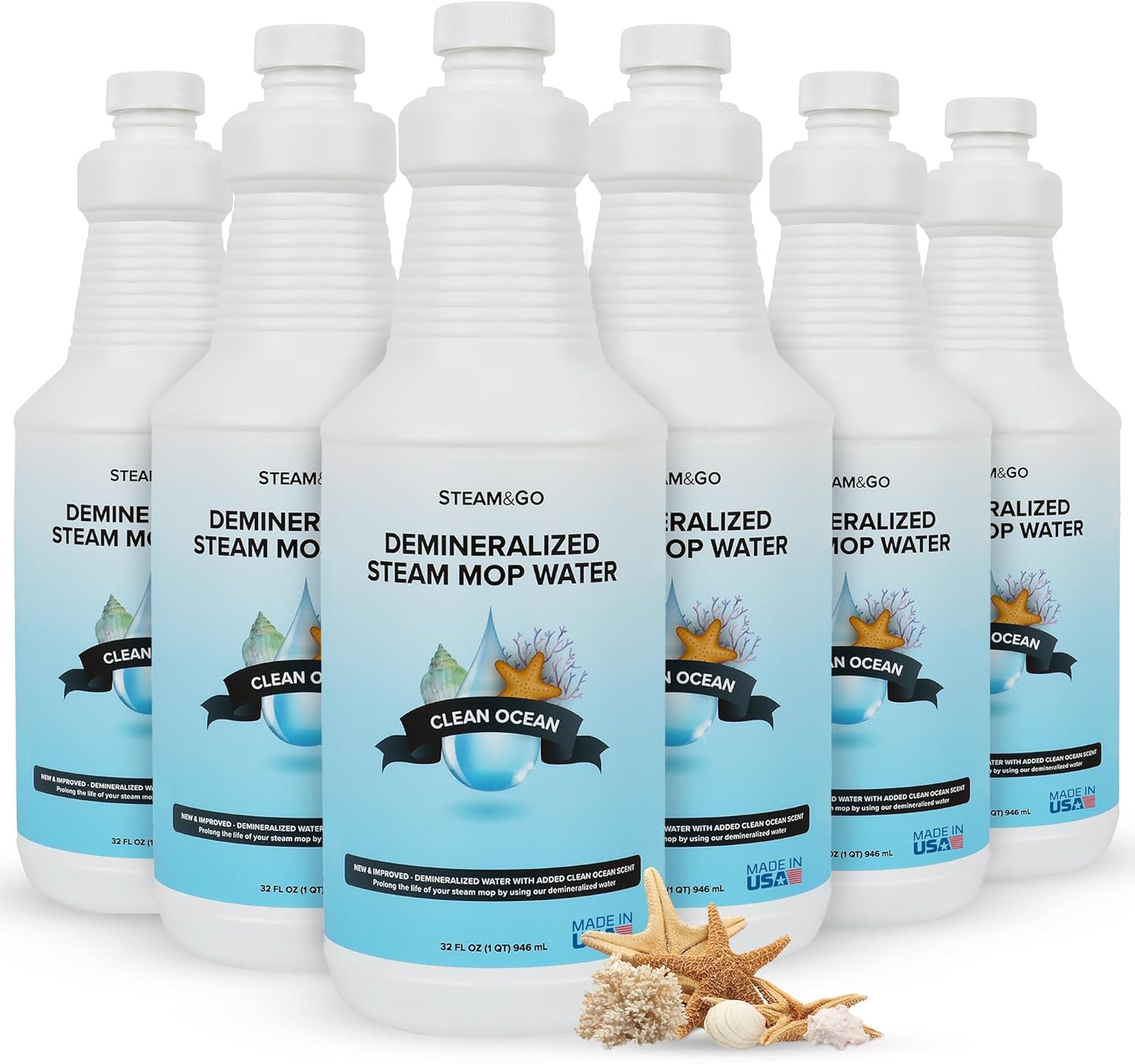 Steam & Go Demineralized Water - Multisurface Cleaner, PVC-Free Ready-to-Use for Mops & Floor Steamers - Ideal for Kitchen, Bathroom, & Home Surfaces - Clean Ocean Scent - 32oz (Pack of 6)