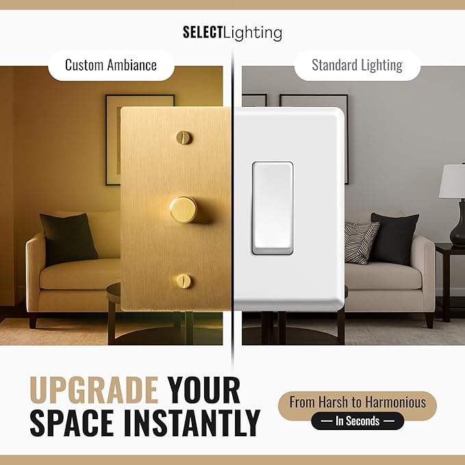 2-Gang Satin Solid Brass Rotary Dimmer Switch, 15A 120V AC Wall Mount, TRIAC/Leading Edge 1-Way Compatible, Dimmable LED Light Control with Knob, Faceplate & Dimming Module