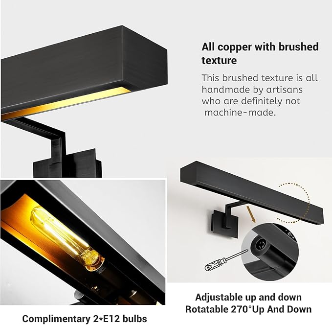 Picture Light, 18" Black Picture Lights for Wall, Bronze Art Lights Hardwired, Dimmable Gallery Light, 3000K Vanity Lights, Picture Frame Light for Bathroom Wall Sconces Artwork Poster Display