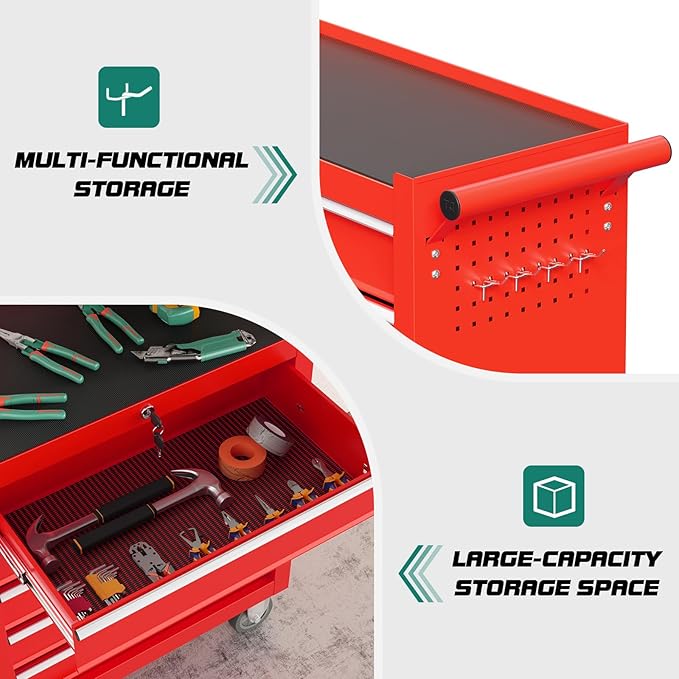 5-Drawer Rolling Tool Chest Toolbox, Rolling Tool Box with Wheels, Tool Chest with Keyed Locking System and Drawer Liners, Tool Box Organizer for Garage, Warehouse, Workshop(Red)