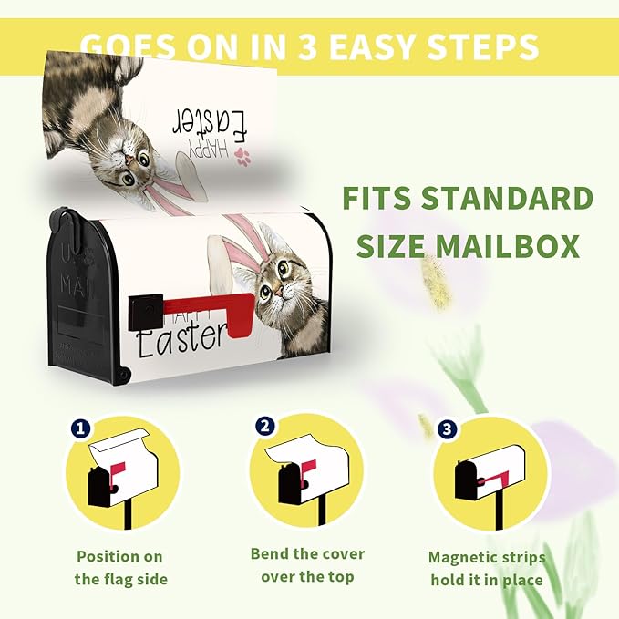 Happy Easter Mailbox Covers Magnetic Large Size 25.5 x 21 Inch Easter Cat with Bunny Ears Mailbox Cover Oversized Post Box Wraps Decorations for Spring Garden Yard