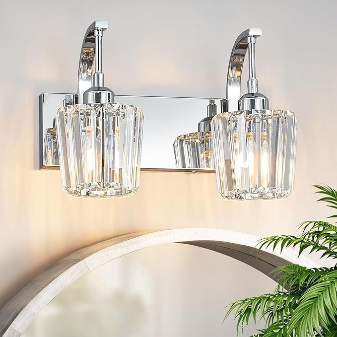 Modern Bathroom Vanity Light, 2-Light Chrome Wall Sconce with Crystal Accents, Over Mirror Bathroom Lighting Fixture, 13.77" Long Dimmable Vanity Lamp for Makeup, Easy Installation
