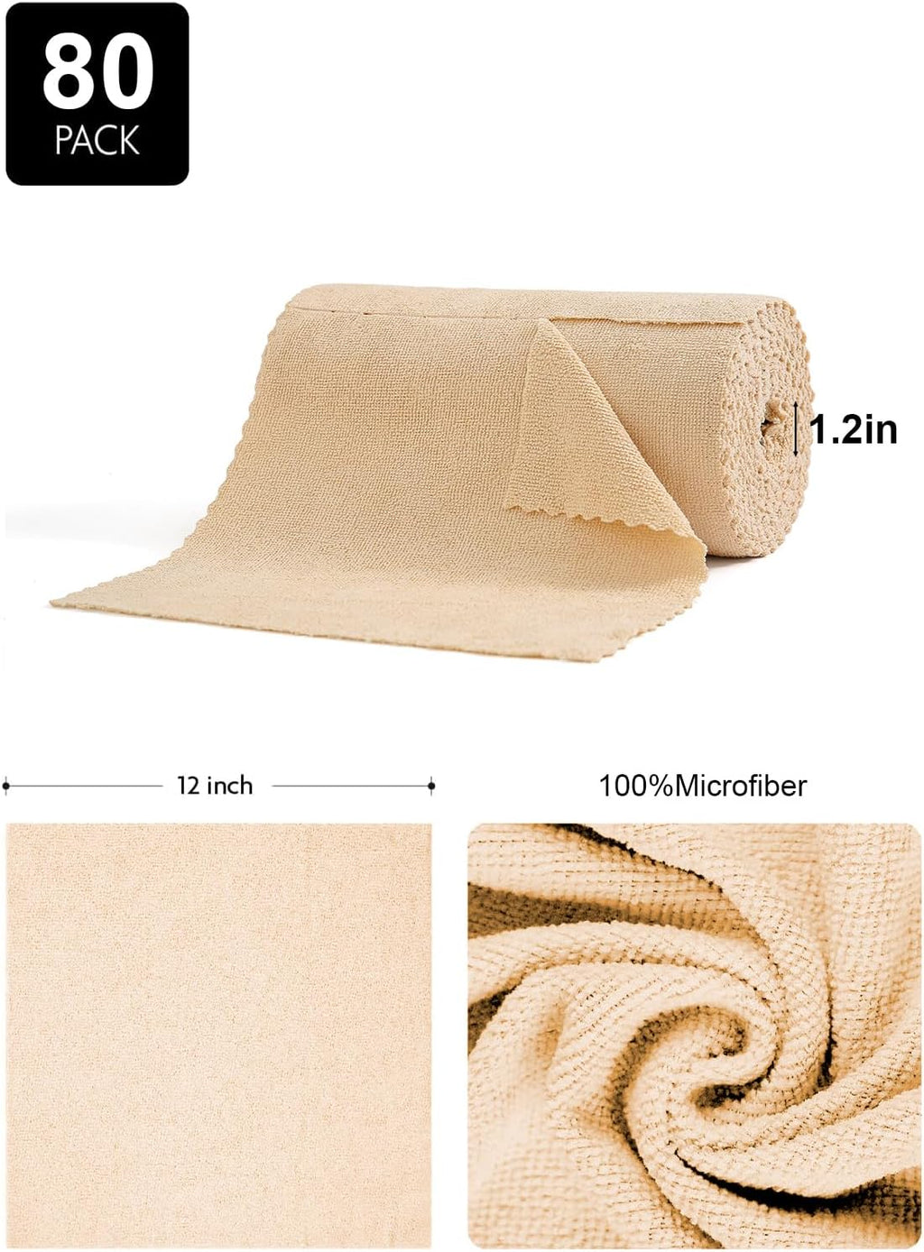 80 Pack Microfiber Cleaning Cloth Roll,Lint Free Rags & Tear Away Reusable Towels Washable Scratch,Ultra Absorbent Dish Rags(12" x 12") for Car Kitchen Home Garage-Apricot Yellow
