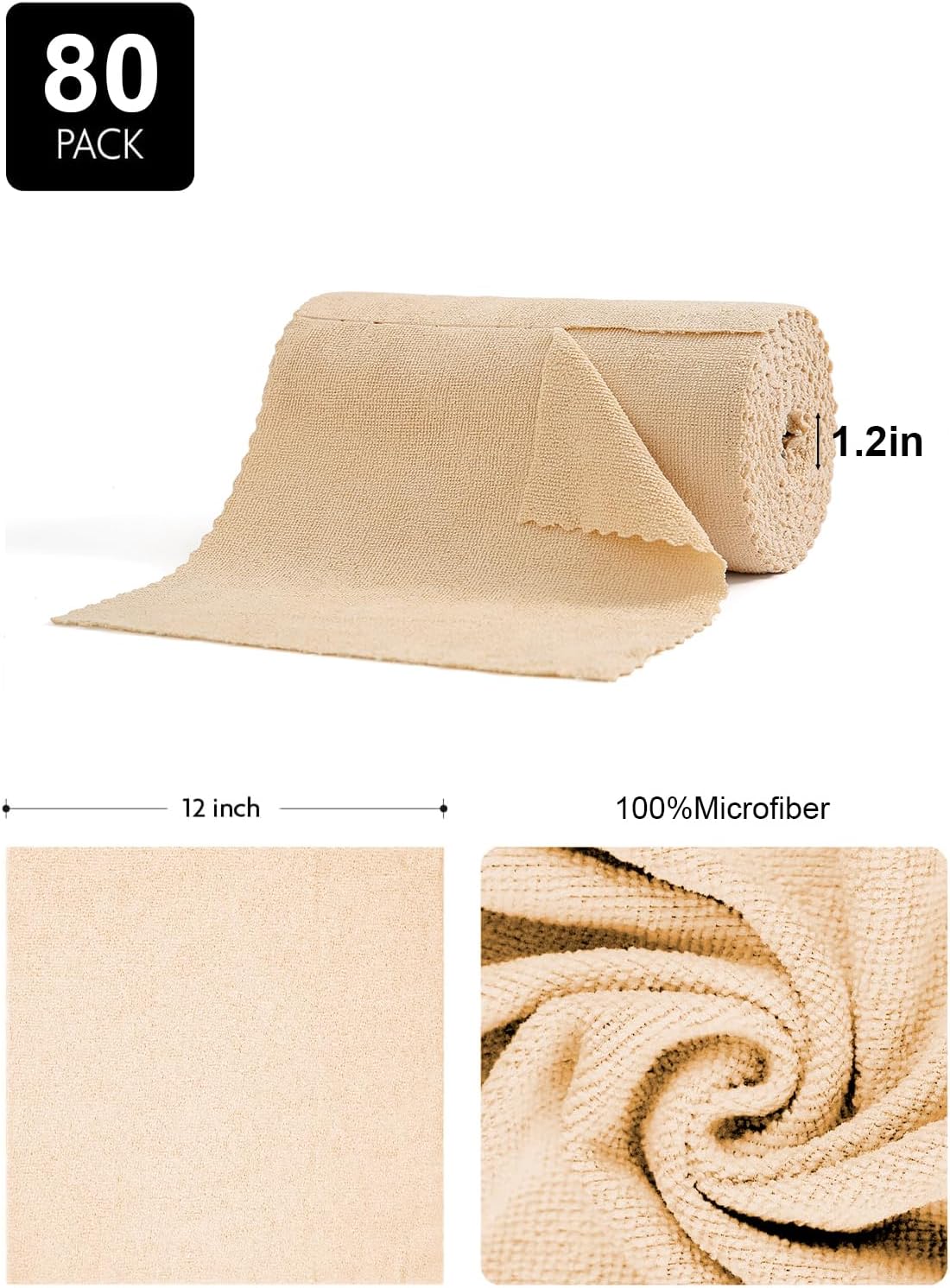 80 Pack Microfiber Cleaning Cloth Roll,Lint Free Rags & Tear Away Reusable Towels Washable Scratch,Ultra Absorbent Dish Rags(12" x 12") for Car Kitchen Home Garage-Apricot Yellow