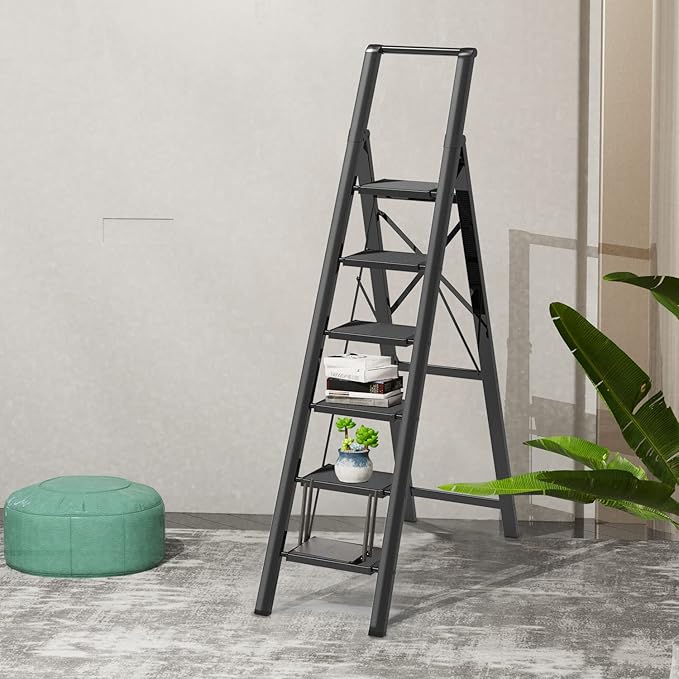 GameGem 6 Step Ladder for 12 Feet High Ceiling, Lightweight Aluminum Folding Step Stool with Convenient Handgrip, Stepladders with Anti-Slip and Wide Pedal for Home Use Space Saving - Black