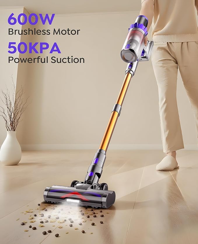 Cordless Vacuum Cleaner, 600W 50KPA 70Min Powerful Vacuum Cleaners for Home, Self-Standing Stick Vacuum with Charging Dock Station Removable Battery/OLED Screen for Home Pet Hair/Carpet/Hardwood Floor