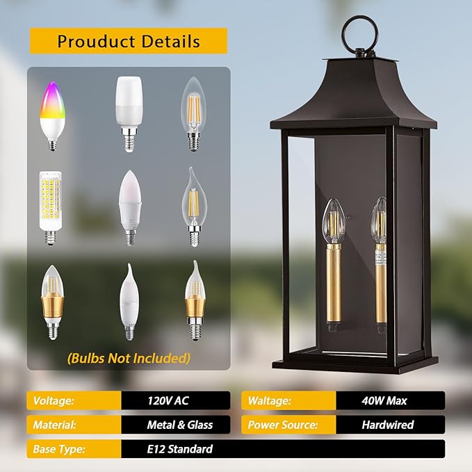 21in Large Dusk to Dawn Outdoor Wall Lights for House, Exterior Lighting Fixtures Dusk to Dawn Outdoor Lighting with Glass, Waterproof Brown Porch Sconces for Porch, Patio, Garage, E12 Base