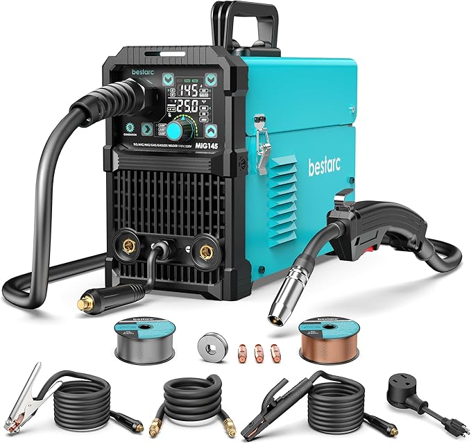 bestarc 145Amp MIG Welder, 110V 220V Flux Core MIG/Lift TIG/Stick 4 in 1 Welder Machine, Large LED Display Welding Machine, IGBT Inverter bestarc Welder MIG145 Soild Gasless Synergy MIG Welder