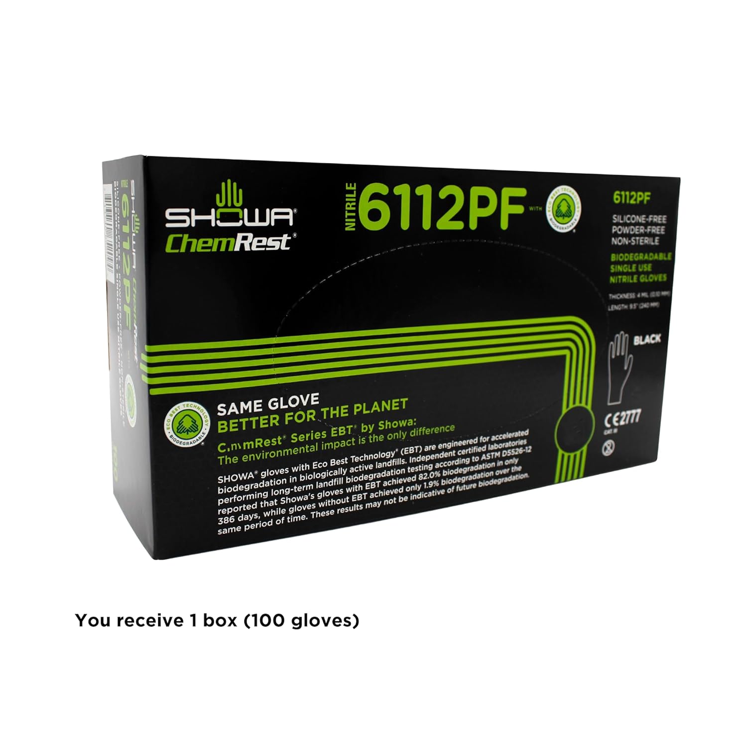 SHOWA 6112PF Biodegradable Powder-Free Nitrile Disposable Safety Glove, Food Safe, 4 Mil Thick, 9.5" Length, X-Large (1 Box/100 Gloves)