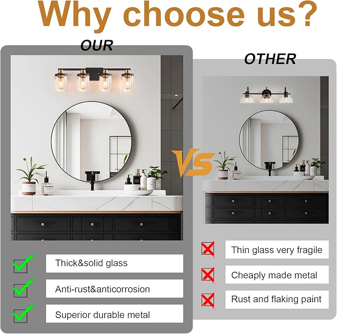 4-Lights Bathroom Vanity Light Fixtures, Modern Black Wall Lamp Over Mirror with Clear Glass Shade for Living Room, Hallway, Kitchen,Toilet, Cabinet Porch