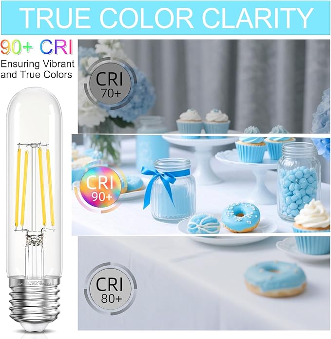 Tubular LED Edison Bulb Dimmable 4000K Neutral White, 6W, 60 watt Equivalent, E26 LED Light Bulbs, T10 Edison Bulbs for Chandeliers, Ceiling Fan, 90+CRI 600LM, 6 Pack