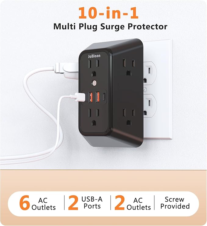 USB Wall Charger Power Strip Surge Protector with 4 USB Ports (2 USB C) Plug Extension Multiple Outlets Plug Extension Multi Outlet Plug in Adapter Spaced Outlets for Home Office Travel,White (Black)