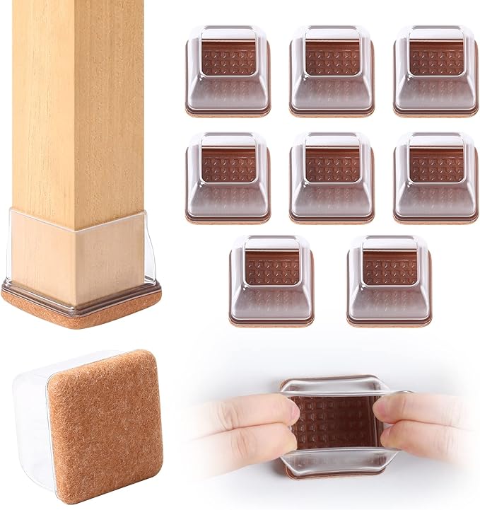 Ezprotekt 8 Pcs Extra Large Square Chair Leg Floor Protectors, Silicone Felt Furniture Pads for Hardwood Floor, Dining Table Bar Stool Leg Protectors Leg Cups Covers (XL Fit: 1.5" - 2", Clear)