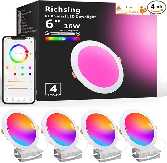 Recessed Lighting 6 inch, 4Pack RGBCW Recessed Ceiling Lights with Junction Box, 16W 1350lm LED Recessed Lights 2700 to 6000K Canless LED Downlight Dimmable by Alexa and APP