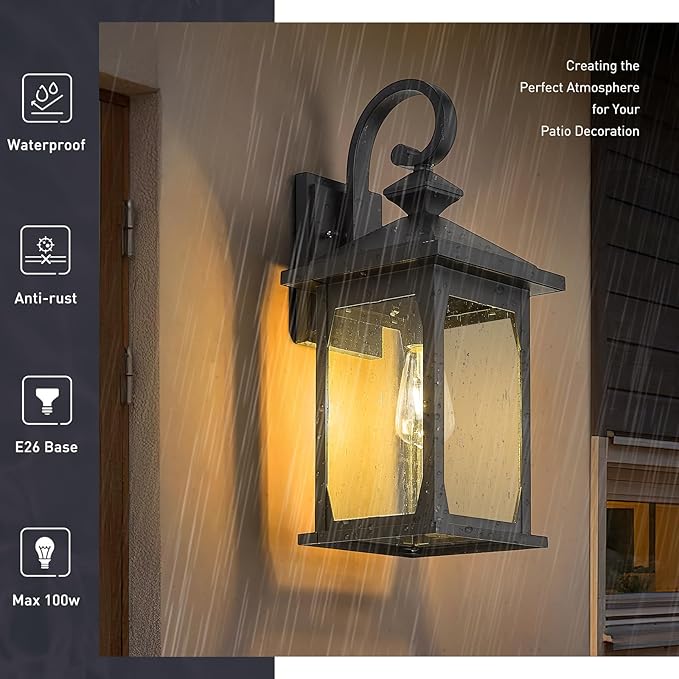 zeyu Large Farmhouse Outdoor Wall Light, 21 Inch Exterior Porch Light Fixture for Front Porch Garage, Die-Cast Aluminum with Seeded Glass, Black Finish, ZD99B-M BK