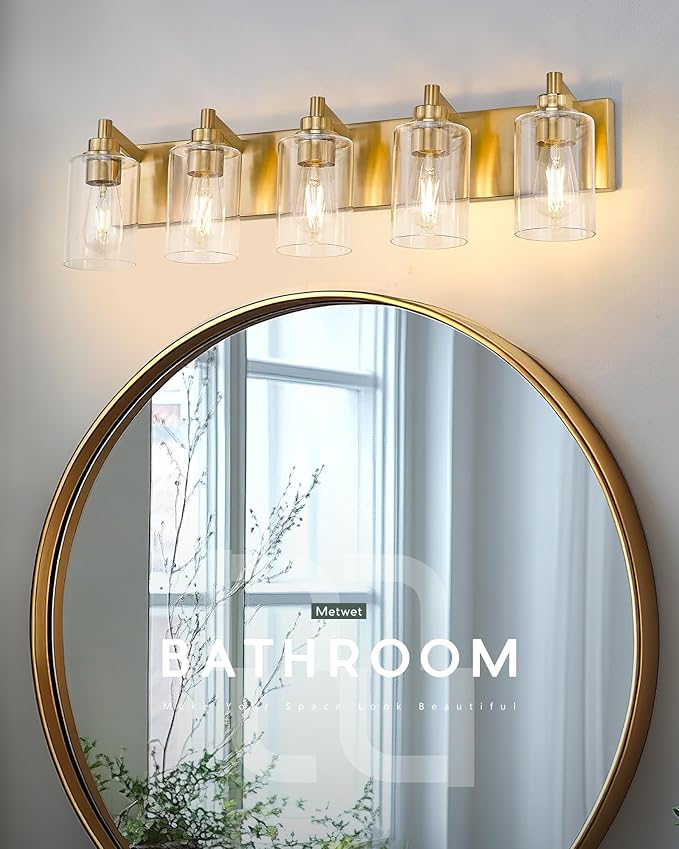 5-Light Bathroom Light Fixtures, 30 Inch Brushed Gold Vanity Light with Cylinder Clear Glass Shade, Modern Vanity Lighting Fixtures Over Mirror, VL143-BG-5