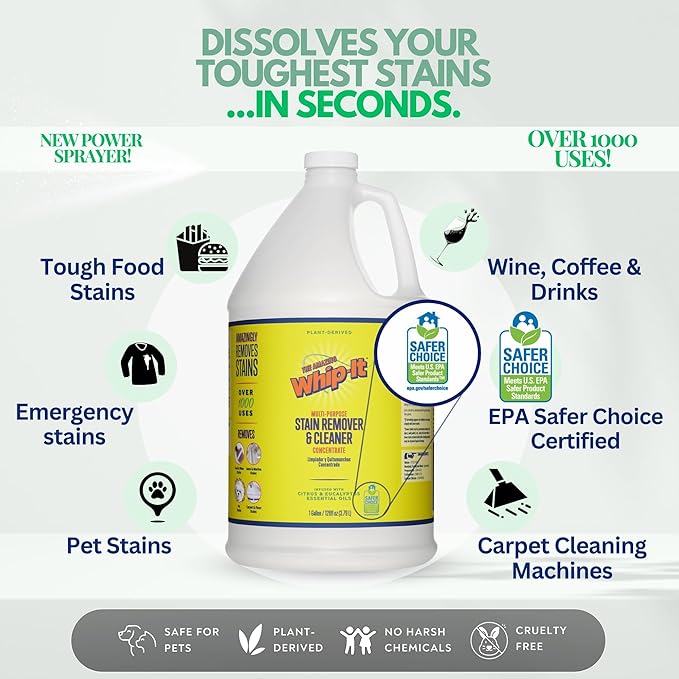 Whip It Cleaner Concentrate, Multi Purpose Stain Remover, Plant Based Enzyme Cleaner, Cleaning Food, Grease, Coffee, Wine, Baby Stains, Over 500 uses, Made in the USA, 1 Gallon,128-ounce