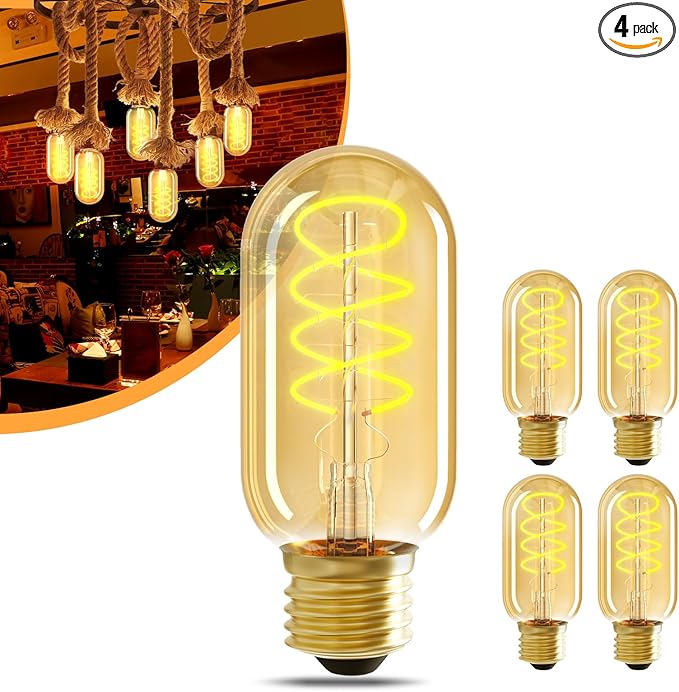 E26 LED Bulbs， 4W Equivalent 40 watt,Vintage Edison Bulbs, Warm White 2700K Amber E26 Edison Bulbs dimmable, Tubular T45 LED Light Bulb, AC120V, 400lm, CR90+,Gold Glass, Pack of 4