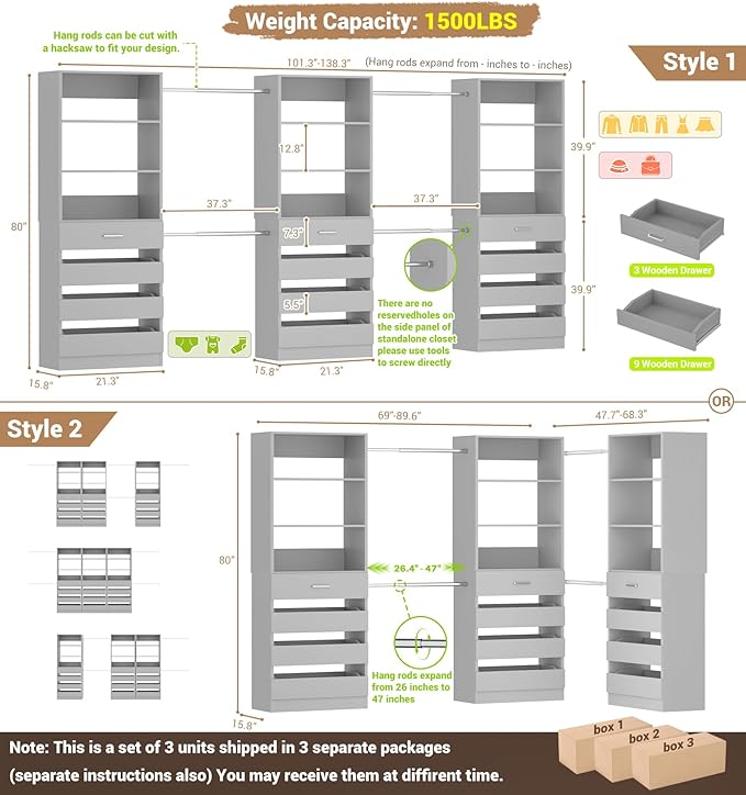 Aheaplus Closet System with 12 Drawers, 8.5-11.5Ft Wood Closet Organizer System with 4 Hanging Rods & 3 Towers, 4Ft & 6Ft L-Shaped Walk-in Closets Wardrobe Organizer Clothes Rack, Set of 3, Grey1