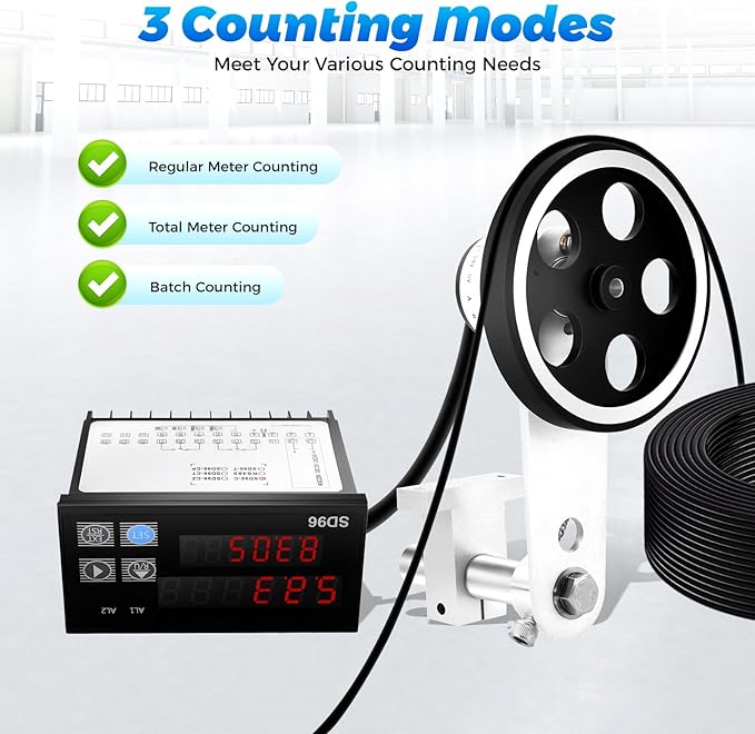 Digital Length Meter Counter, 110V Adjustable Mechanical Length Counter 0-999999m Electronic Measure Tool Single Measure Wheel with 4 Measurement Modes Feet Inches Meters Yards