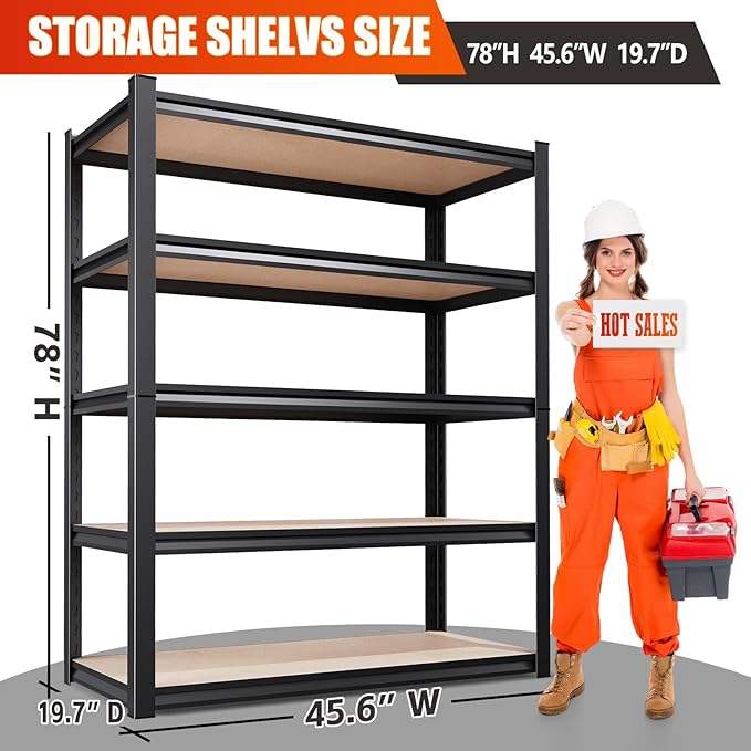78"H Garage Shelving-2050 lbs 5 Tier Storage Shelves,Adjustable Heavy Duty Metal Shelving Unit and Storage Large Rack,Utility Steel Shelf for Warehouse Industrial Pantry Basement -78"x46"x20",Black