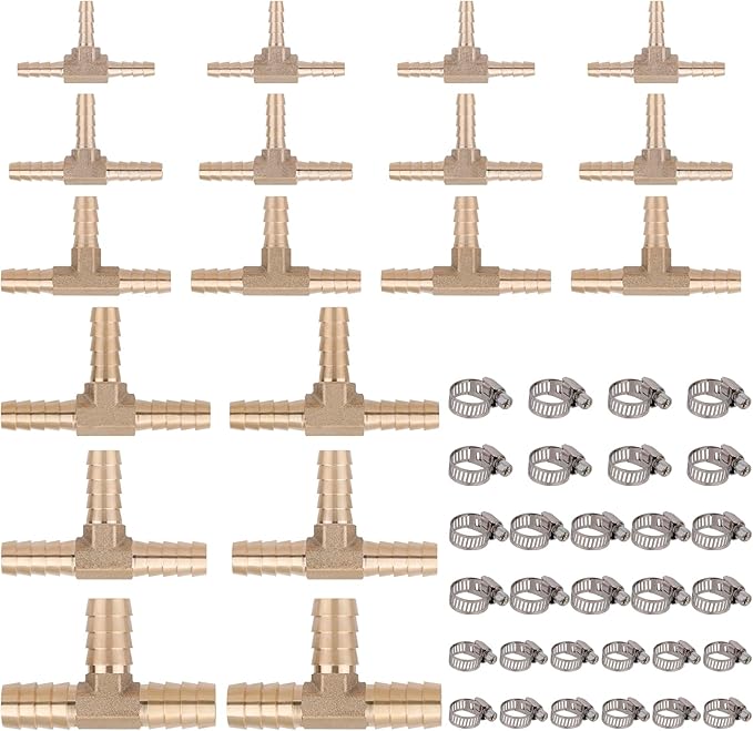 KOOTANS 18PCS Brass Hose Barb Fittings Barb Tee T-Fitting 3 Way Union Kit 1/8″ 3/16" 1/4" 5/16" 3/8" 1/2" Barbed Air Hose Fittings with 30pcs Pipe Clamps for Water Fuel Air Line Connector Fitting