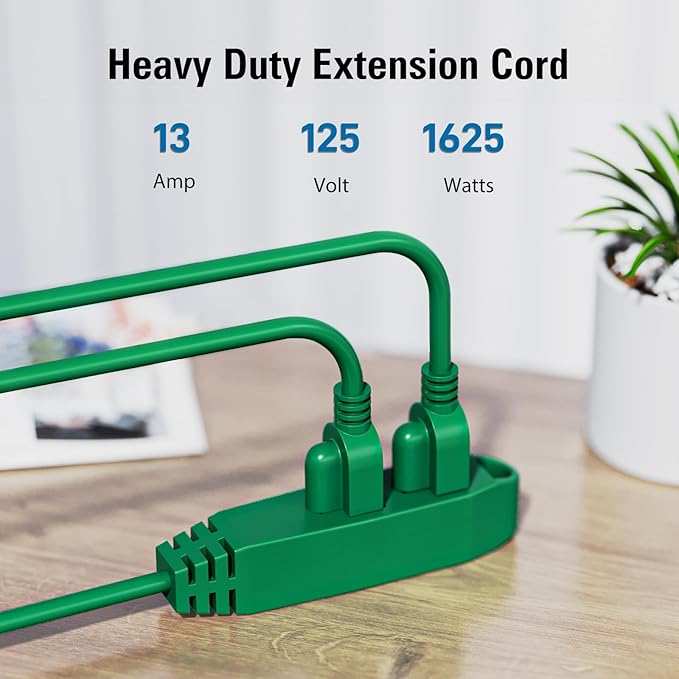 K KASONIC - 50-Feet 3 Outlet Extension Cord, ETL/UL Listed, 16/3 SJTW 3-Wire Grounded, 13 Amp 125 V 1625 Watts, Multi-Outlet Indoor/Outdoor Use, Green