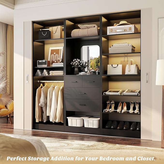 Unikito 75” Closet System with Drawers, 6.2FT Wood Closet Organizer with Hanging Rods and Mirror, Reversible Large Walk in Closets Wardrobe Garment Rack with Shoe Shelves, Max Load 2000 LBS, Black