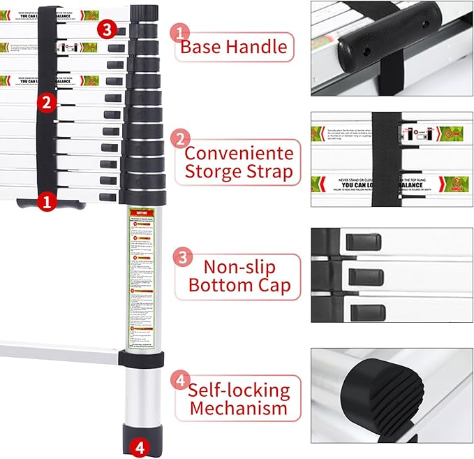RIKADE Telescoping Ladder 16.5FT & Attic Ladder, Heavy Duty Aluminum with Non-Slip Feet, 330lb Capacity for RV, Attic, Loft & Multi-Surface Use
