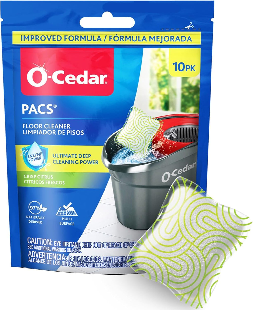 O-Cedar PACS Hard Floor Cleaner, Crisp Citrus Scent 10 Count (1-Pack) | Made with Naturally-Derived Ingredients | Safe to Use on All Hard Floors | Perfect for Mop Buckets