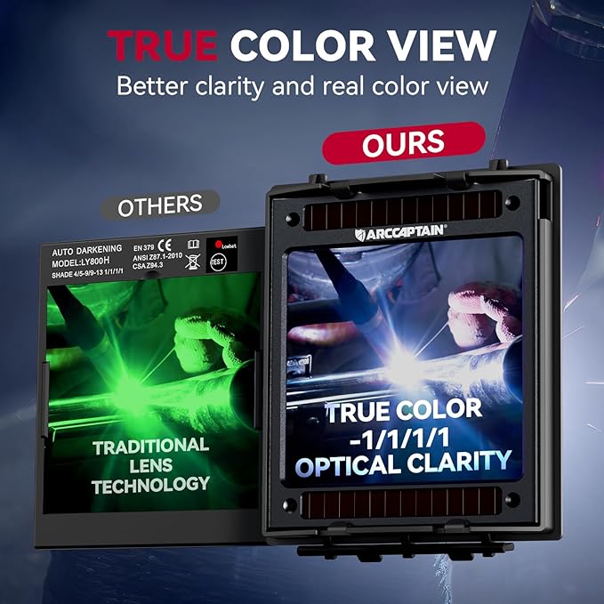 ARCCAPTAIN 3.94" x 3.66" Auto Darkening Welding Helmet, Solar Powered True Color Welding Hood, 1/1/1/1 Top Optical Clarity Welder Helmet, 4 Arc Sensor Wide Shade 4/5-9/9-13 for Stick MIG TIG Cut