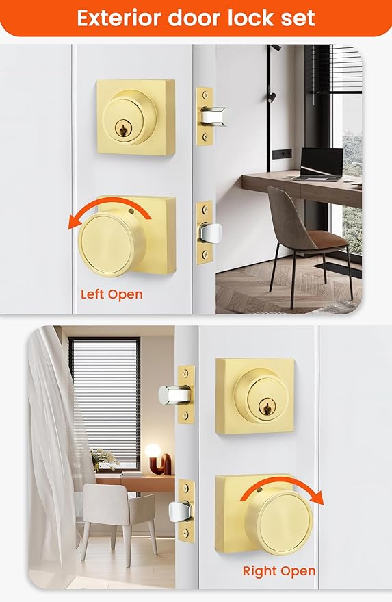 Haidms Brushed Gold Door Knob with Deadbolt, Zinc-Alloy Gold Exterior Door Knobs, Heavy Duty Brass Front Door Knob and Deadbolt Set(2 Pack)