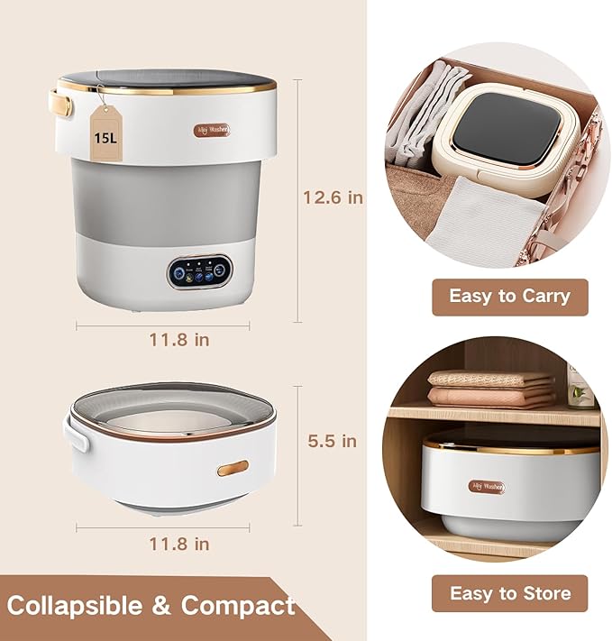 Portable Washing Machine, 15L Mini Collapsible Washer with 3 Cleaning Modes for Baby Clothes, Underwear, Small Foldable Laundry for Travel Apartment Home Dorm Hotel Camping (White+Grey)