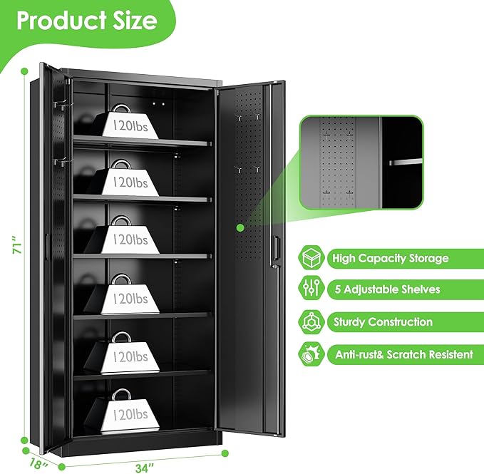 Metal Storage Cabinets with 2 Doors and 5 Adjustable Shelves, 71" H Lockable Garage Storage Cabinet with Pegboard and Hooks, File Cabinet with Lock for Office, Home, Garage, Black