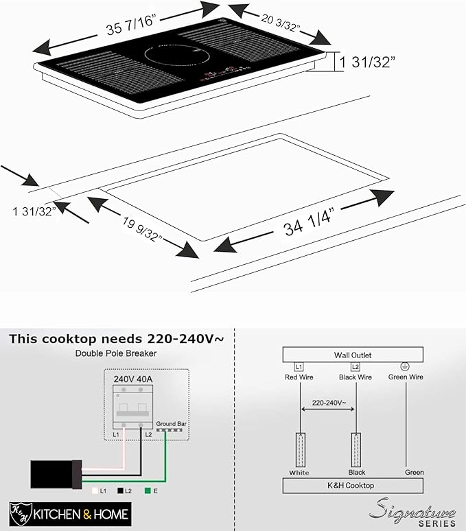 K&H SIGNATURE SERIES 5 Burner 36 Inch Built-in Induction FLEX Electric Stove Top Ceramic Cooktop SLIDER Touch Control 240V 9400W IN36-9400FLX