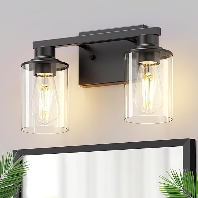 DORESshop 2-Light Black Bathroom Light Fixtures Over Mirror with Clear Glass Shade, Vanity Lights for Bathroom Mirror Hallway Bedroom Living Room, ETL Listed