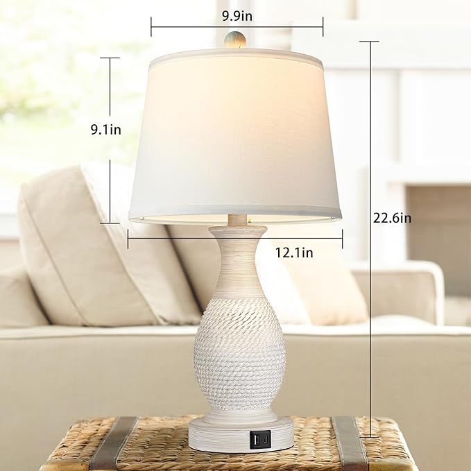 PARTPHONER Table Lamps Set of 2, Bedside Touch Lamp with USB C+A Charging Ports, Side Table Lamp with White Fabric Shade (LED Bulbs Included)