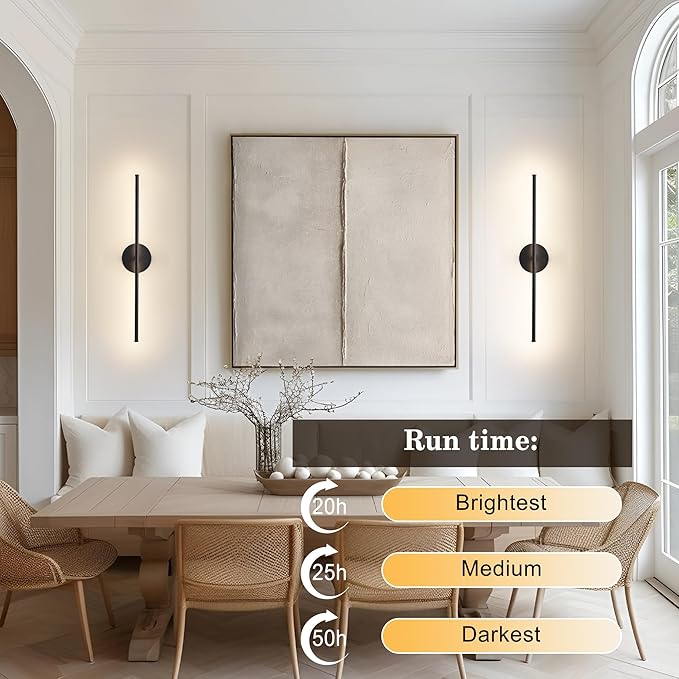 Removable Battery Operated Wall Sconces with Remote Control 350°Rotate LED Wireless Wall Lights with 3 Color Temperatures & Dimming for Bedroom, Hallway,24.4 Inch (2 Pack)