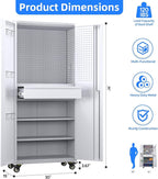 Garage Storage Cabinet with Locking Doors and 2 Adjustable Shelves, 71" H Metal Rolling Tool Storage Cabinet with Wheels, Drawer, Pegboard and 16 Hooks for Garage, Warehouse, White and Gray