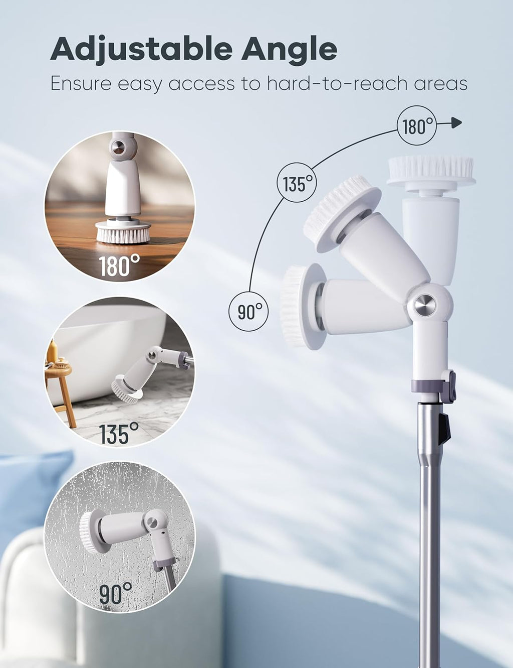 Electric Spin Scrubber,Floor Shower Scrubber with Long Handle Power Scrubber Dual Speeds,Cleaning Brush Cordless Scrub Brush with 3 Adjustable Angles,8 Brush Heads for Bathroom,Tile