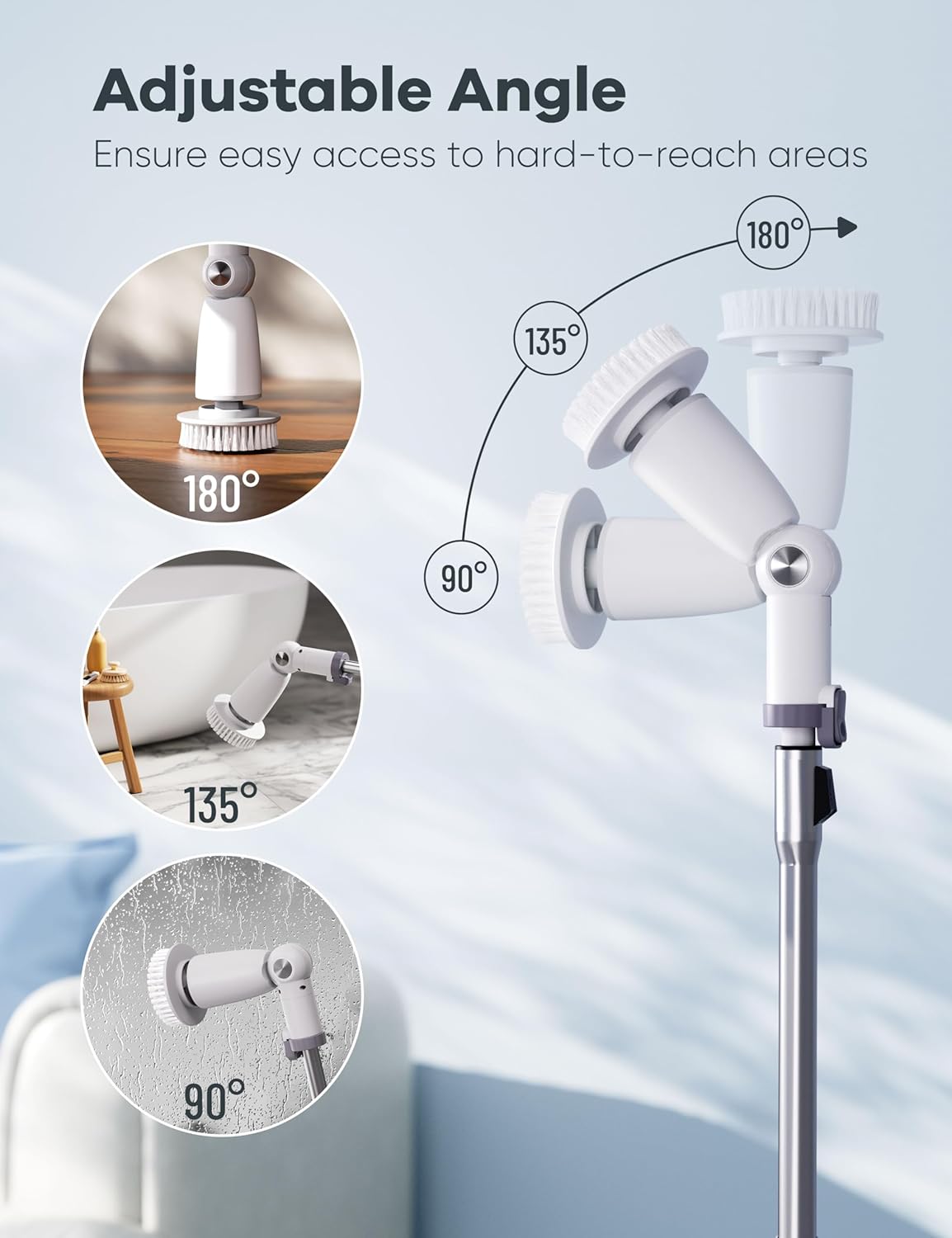 Electric Spin Scrubber,Floor Shower Scrubber with Long Handle Power Scrubber Dual Speeds,Cleaning Brush Cordless Scrub Brush with 3 Adjustable Angles,8 Brush Heads for Bathroom,Tile