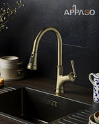 APPASO Gold Kitchen Faucet with Pull Down Sprayer, Antique Single Handle 1 Hole High Arc Pull Out Kitchen Sink Faucets