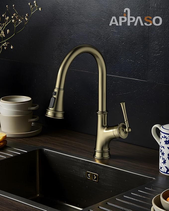 APPASO Gold Kitchen Faucet with Pull Down Sprayer, Antique Single Handle 1 Hole High Arc Pull Out Kitchen Sink Faucets