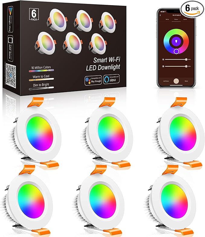 inShareplus 6 Pack 2 Inch Smart Recessed Lighting, WiFi LED Downlight 5W 120V, Dimmable RGBCW 2700-6500K Color Changing, Compatible with Alexa/Google, Ceiling Lights with LED Driver