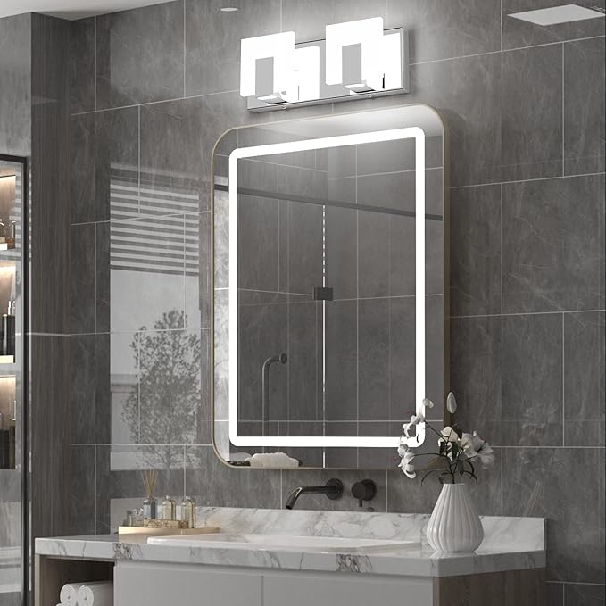 Aipsun 2 Lights Modern LED Bathroom Vanity Light Acrylic Stainless Steel Chrome Up and Down Bathroom Wall Light Over Mirror(White Light 6000K)