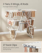 SONGMICS Clothes Drying Rack, Foldable 3-Level Laundry Rack, Free-Standing Large Drying Rack, with Height-Adjustable Wings, 39 Drying Rails, Sock Clips, White and Gray ULLR054W01