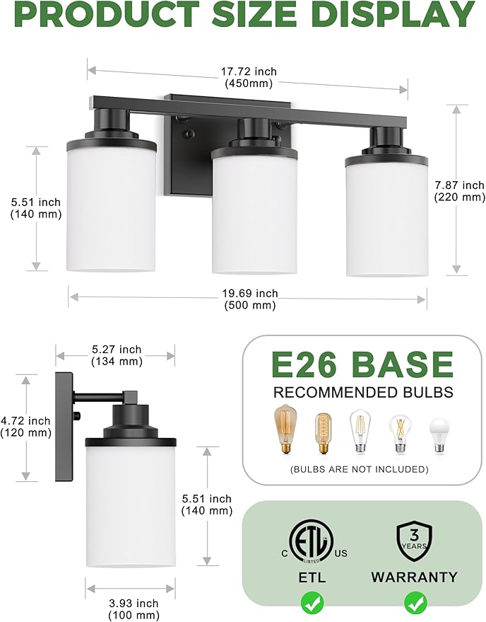 DORESshop 20 Inch Bathroom Light Fixtures, 3-Light Black Bathroom Lighting Fixtures Over Mirror with Milk Glass Shade, Modern Vanity Lights for Hallway Bedroom, ETL Listed