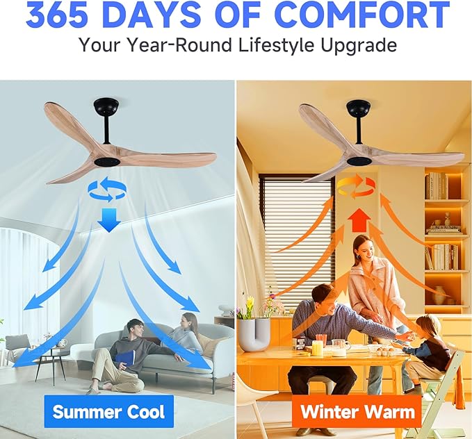 52" Wood Ceiling Fan with Remote Control, 3 blade Ceiling Fan without Lights for Indoor/Outdoor - Modern Design, Powerful Airflow, Silent Operation