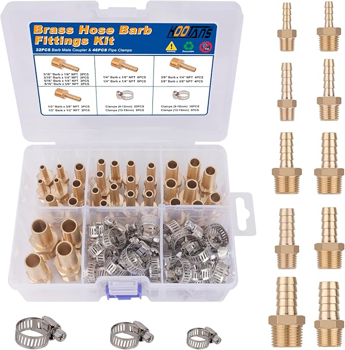 KOOTANS 32PCS Brass Hose Barb Fittings Barb to NPT Male Thread Adapter Kit 3/16" 1/4" 5/16" 3/8" 1/2" Barbed Air Hose Fittings with 46pcs Pipe Clamps for Water Fuel Air Line Connector Fitting
