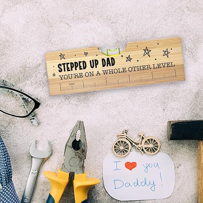 Christmas Gifts for Stepped Up Dad, Best Stepdad Bonus Dad Gifts Ideas, Funny Fathers Day Birthday Valentines Gift for Father Papa Wooden Spirit Level A5